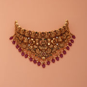 Divine Silver Lakshmi Devi Choker with Floral Detailing and Stone Beads