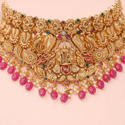 Antique Lakshmi Temple Choker with Ruby Beads and Pearl Drops