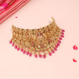 Antique Lakshmi Temple Choker with Ruby Beads and Pearl Drops