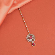 Silver Maang Tikka with CZs and Pink Stones
