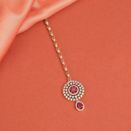 Silver Maang Tikka with CZs and Pink Stones