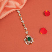 Silver Drop-Shaped Maang Tikka with CZs and Bold Green Stone