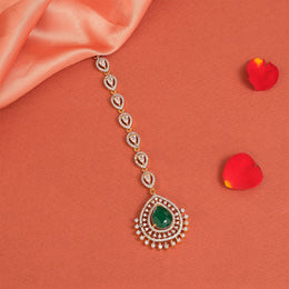 Silver Drop-Shaped Maang Tikka with CZs and Bold Green Stone