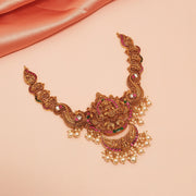 Divine Temple Silver Necklace Kundans and Lakshmi Devi Design