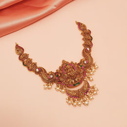 Divine Temple Silver Necklace Kundans and Lakshmi Devi Design