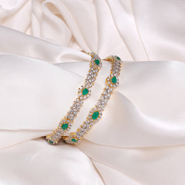 Leaf & Drop Shaped Silver CZ Bangles with Green Stone Highlights