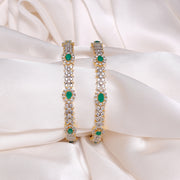 Leaf & Drop Shaped Silver CZ Bangles with Green Stone Highlights