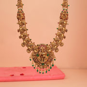 Silver Long Haaram with Divine Lakshmi Devi Detail and Peacocks