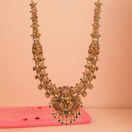 Silver Long Haaram with Divine Lakshmi Devi Detail and Peacocks