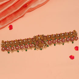 Antique Silver Vaddanam with Kundan & Green Drop Highlights