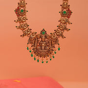 Antique Silver Lakshmi and Peacock Haaram with Floral Details