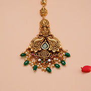 Antique Peacock Design Silver Maang Tikka with Green Bead Drops