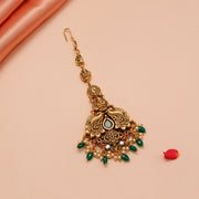 Antique Peacock Design Silver Maang Tikka with Green Bead Drops