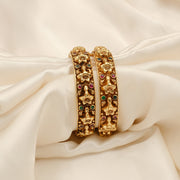 Silver Antique Bangles with Flower Design and Stone Highlights