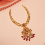 Traditional Silver Kante Necklace with Lakshmi Devi Design and Stone Beads