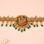 Silver Lakshmi Devi Vaddanam in Lotus Design with Green Stone Beads
