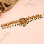 Silver Lakshmi Devi Vaddanam in Lotus Design with Green Stone Beads