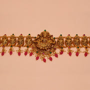 Elegant Silver Vaddanam with Leaf Design & Red Stone Drops