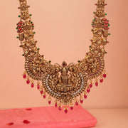 Nature-Inspired Silver Haaram with Elephant, Peacock, and Leaf Detailing