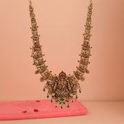 Silver Long Haaram with Lakshmi Devi and Peacock Detailing