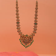 Sleek Antique Silver Lakshmi Devi Haaram with Peacock Detailing