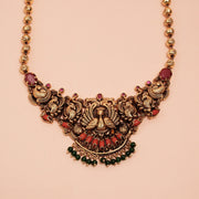 Antique Silver Peacock Necklace with Coral Stones