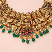 Grand Lakshmi Temple Antique Necklace with Green Bead Drops