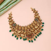 Grand Lakshmi Temple Antique Necklace with Green Bead Drops