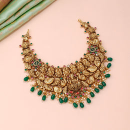Grand Lakshmi Temple Antique Necklace with Green Bead Drops