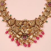 Antique Lakshmi Temple Necklace with Ruby Beads and Pearl Drops