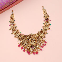 Antique Lakshmi Temple Necklace with Ruby Beads and Pearl Drops