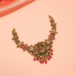 Antique Silver Necklace with Lakshmi Devi, Kalasam, and Floral Design