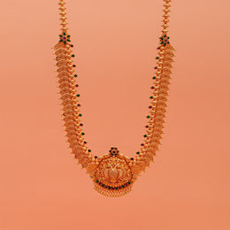 Temple Silver Leaf Design Haaram with Floral and Peacock Pendant