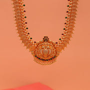Temple Silver Leaf Design Haaram with Floral and Peacock Pendant