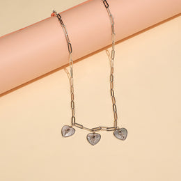 Silver Link Design Chain with Heart and Rose Pendants
