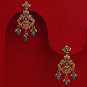 Divine Silver Lakshmi Devi Earrings with Green Stone Hangings