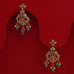 Divine Silver Lakshmi Devi Earrings with Green Stone Hangings