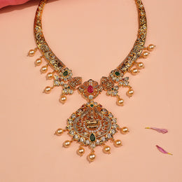 Silver Lakshmi Devi Kante Necklace with Pearl Hangings