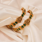 Antique Lakshmi Devi Silver Bangles with Green Stones