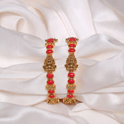 Magnificent Silver Lakshmi Motifs Bnagles with Coral Highlights