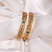 Peacock & Lakshmi Motifs Engraved Silver Bangles with Multi-Colour Stones