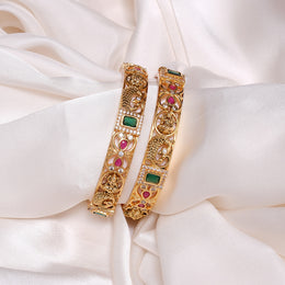 Peacock & Lakshmi Motifs Engraved Silver Bangles with Multi-Colour Stones