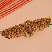 Antique Silver Lakshmi Devi Vaddanam with Pearl & Stone Drops