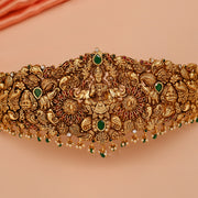 Enchanting Lakshmi Silver Vaddanam with Corals & Green Stone Highlights