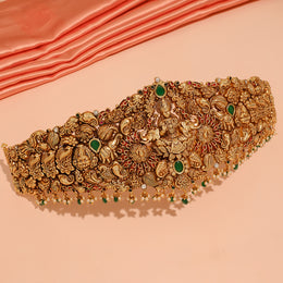 Enchanting Lakshmi Silver Vaddanam with Corals & Green Stone Highlights