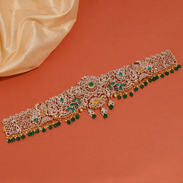 Elegant Silver Vaddanam with CZs and Green Stone Highlights and Drops