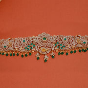Elegant Silver Vaddanam with CZs and Green Stone Highlights and Drops
