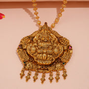 Radiant Silver Lakshmi Devi Pendant with Leaf Drops & Stone Accents