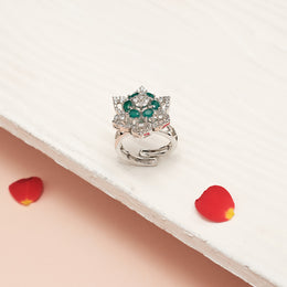 Adjustable Party Wear Floral CZ Silver Ring