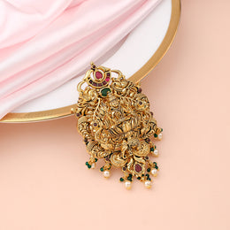 Divine Gajalakshmi Temple Pendant with Ruby Emerald Pearl Drops